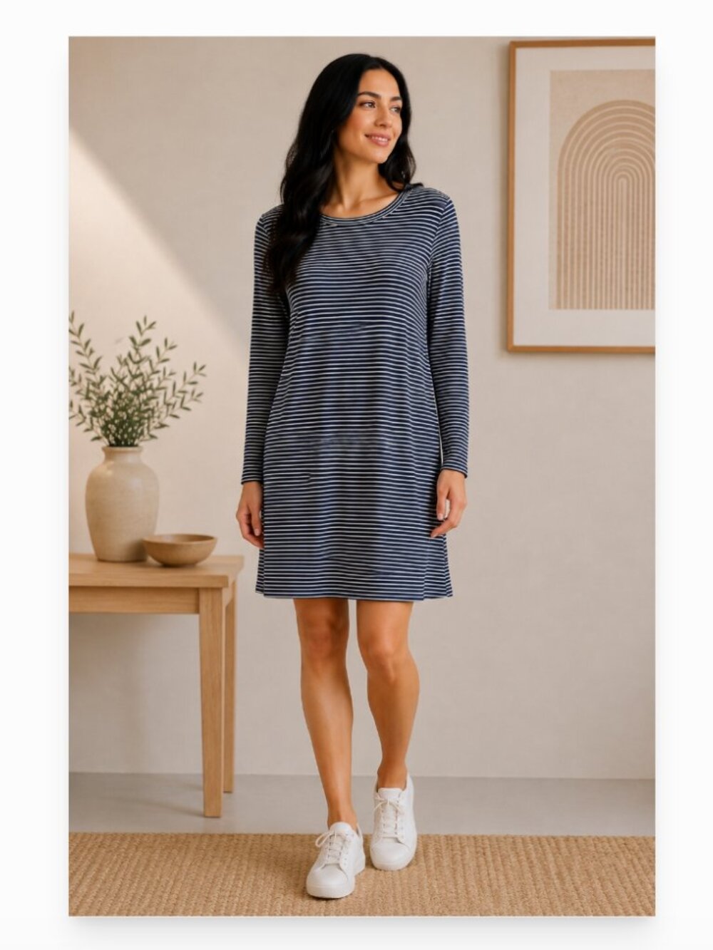 Artisan NY women's S long sleeve stripe low scoop back midi dress EUC